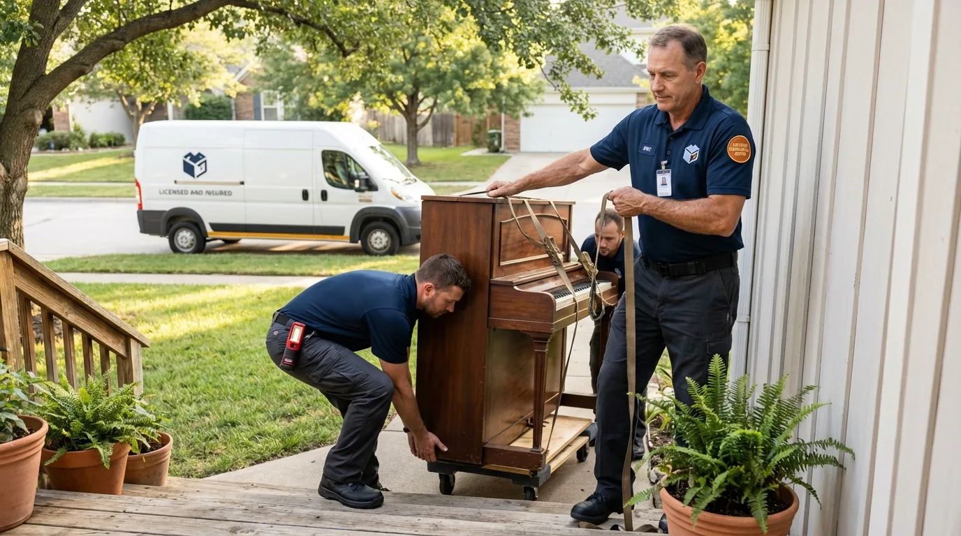 Licensed piano movers securing grand piano in Friendship, NY