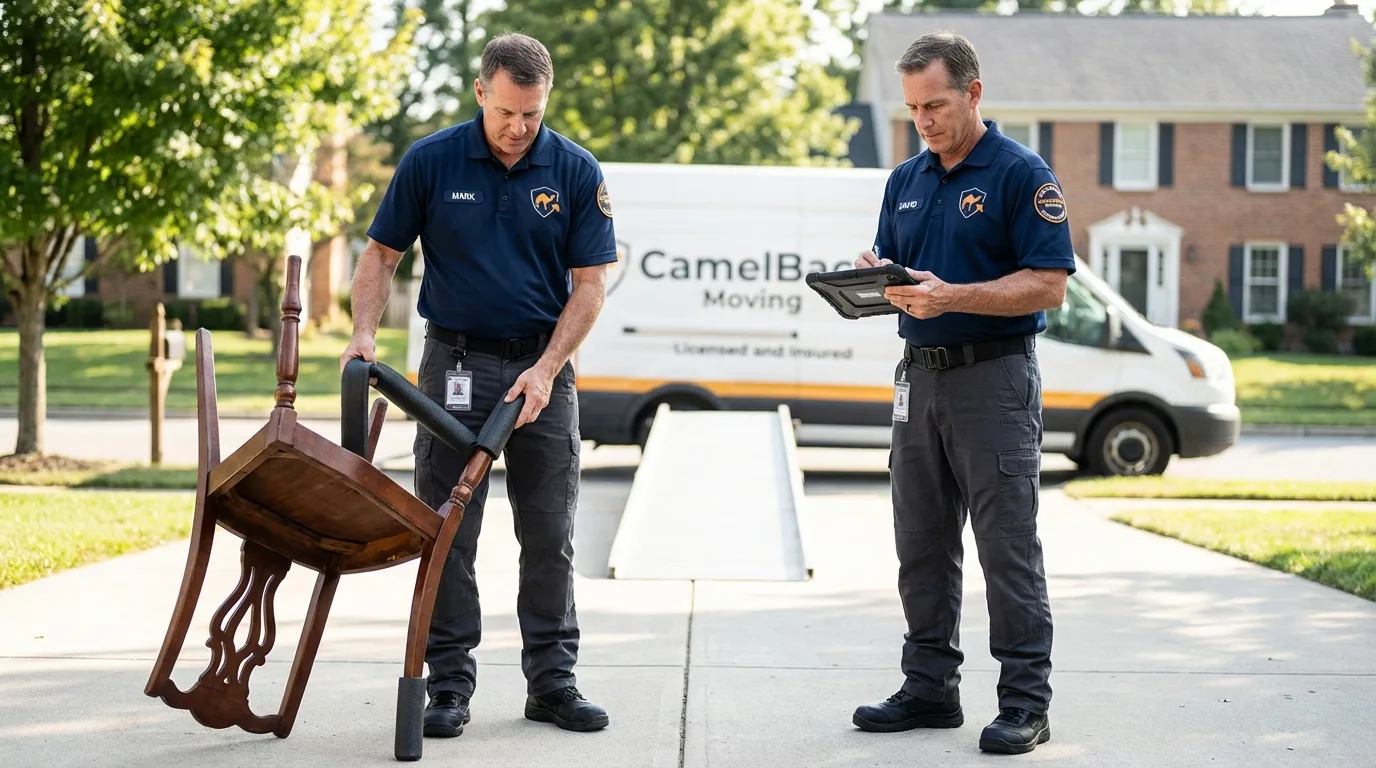 Movers inspecting furniture for damage prevention before loading in Friendship, NY