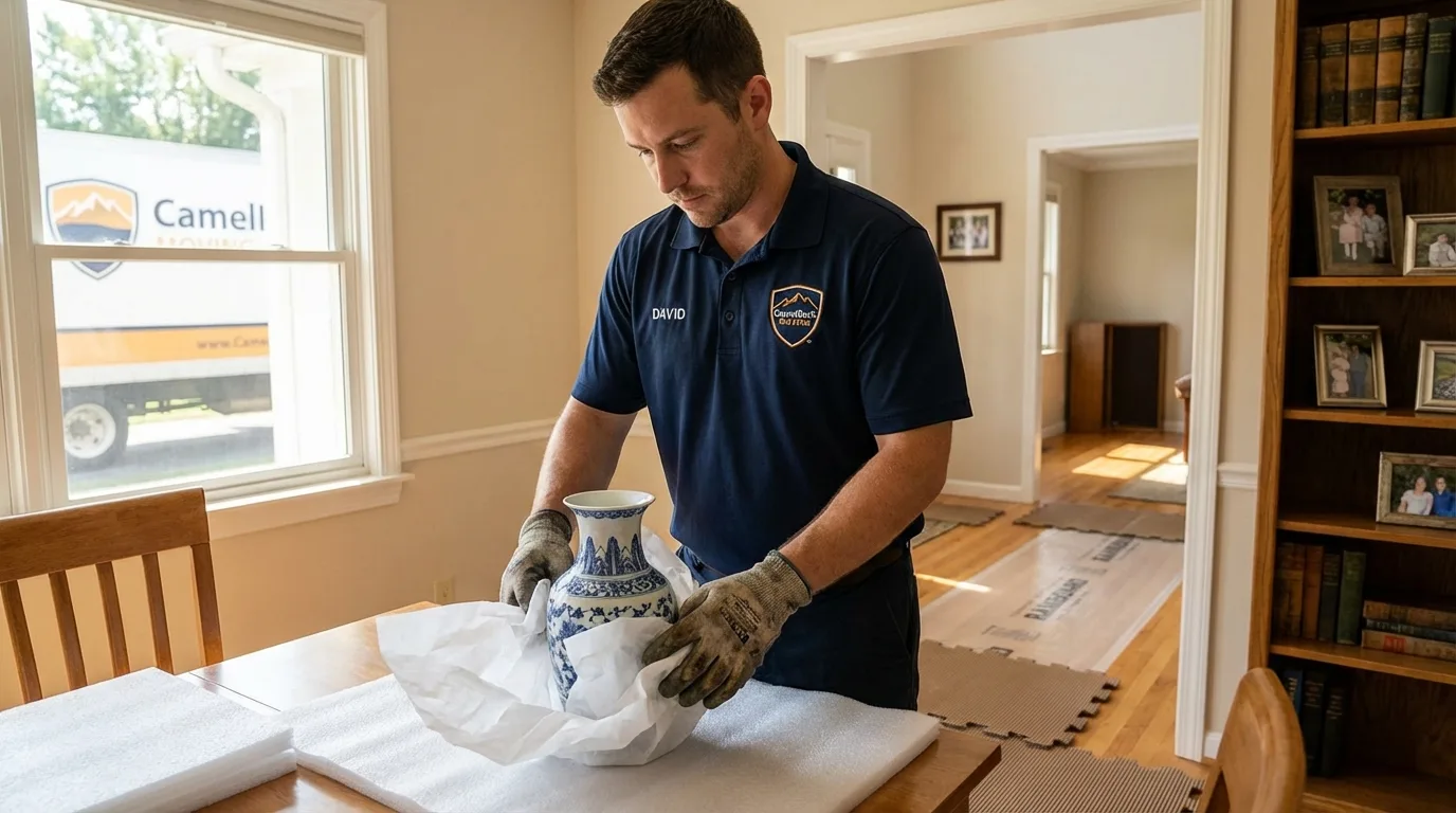 Professional crew carefully wrapping antique vase for senior downsizing move in Friendship, NY
