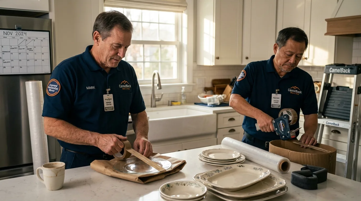 Professional crew packing kitchen dishware in Friendship, NY